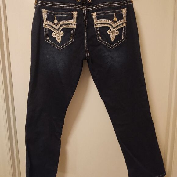 Rock Revival Betty Crop Sz 30 x 25 Bling Flap Faux Pocket Metallic Stitch EUC - Picture 2 of 9